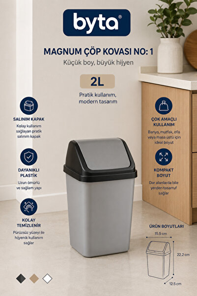 BYTA 2 Liter Magnum Plastic Trash Can with Lid, Gray |   Desktop, Bathroom, a...