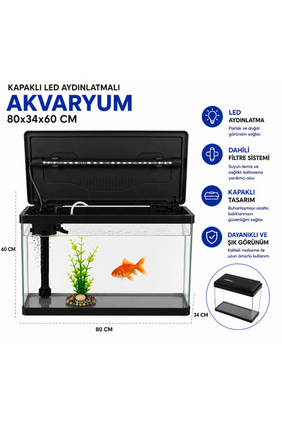 makro İTHAL AKVARYUM / FULL SET / FİLTRE + LED IŞIK / 80X34X60 CM SİYAH