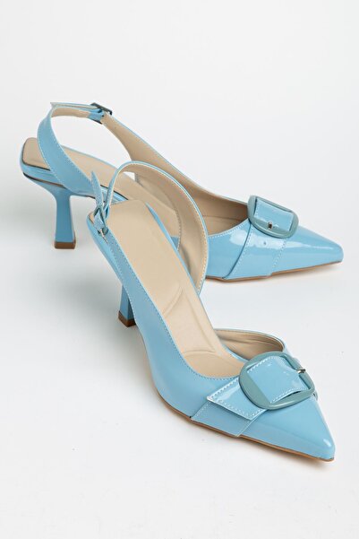 Moda Eleysa Jayla Women's Blue Patent Leather Buckle Detailed Thin Heeled Cas...
