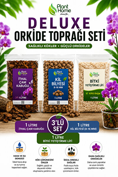 Plant Home Power Mix Deluxe Orkide Toprağı Seti – 3'lü Set | 1 Litre İthal Ça...