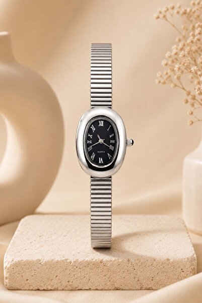 GANYMET Saudade Women's Silver Oval Case Wristwatch with Navy Blue Dial Roman...