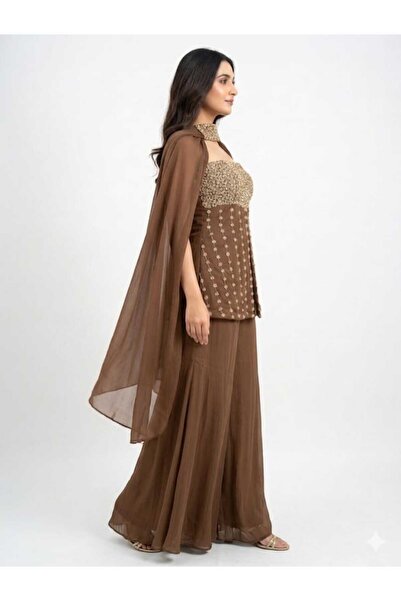 Bella Design Coffee Brown Embroidered Peplum Sets