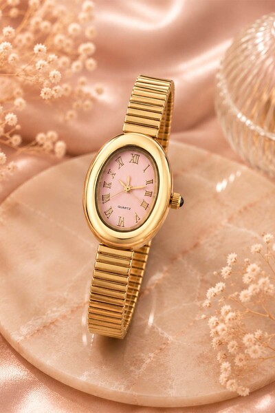 GANYMET Saudade Women's Gold Oval Case Wristwatch with Powder Pink Dial, Roma...