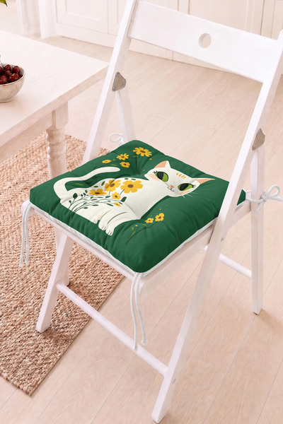 Home Çiçekli Kedi Desenli Pofidik Sandalye Minderi - Yeşil Dekoratif Mutfak v...