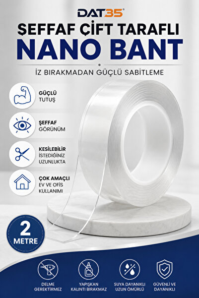 DAT35 Şeffaf Çift Taraflı Nano Bant 2 Metre Güçlü Yapışkanlı İz Bırakmayan Ço...