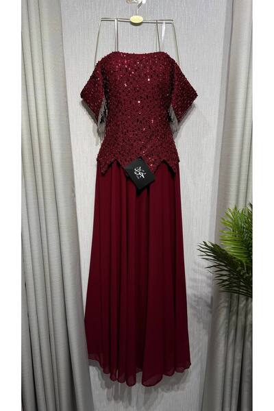Jood Sequin Evening Dress with Pleated Chiffon Skirt