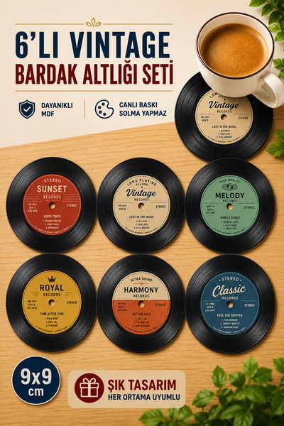 UNT Vintage Record Label 6'lı MDF Bardak Altlığı Seti | Retro Plak Tasarımlı ...