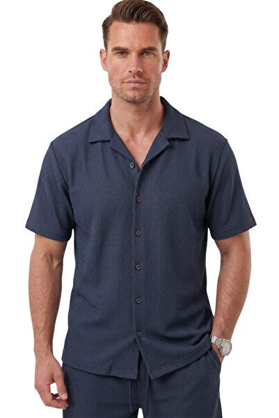 DeepSEA Navy Blue Apaş Collar Textured Cotton Men's Shirt – Lycra Short Sleev...