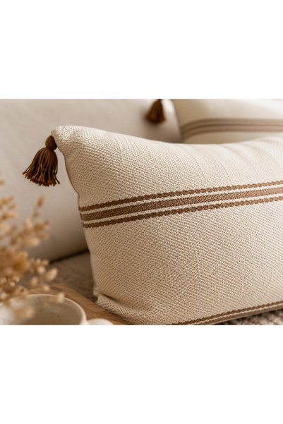 Buldan CSN Tekstil krem kahve çizgili 2li set kırlent kılıfı