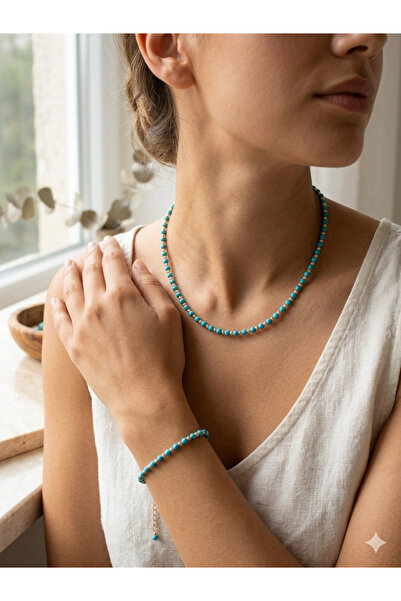 Atolye Ferda Minimal Turquoise Stone Necklace and Bracelet Set with Steel Acc...