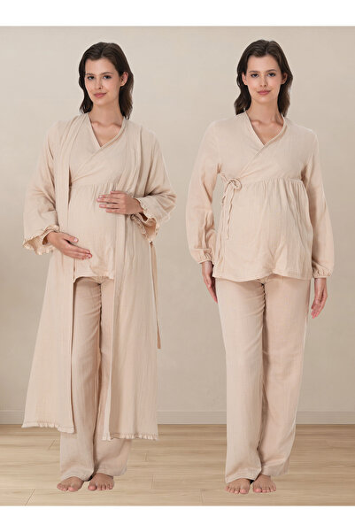 ByLohusa Comfortable Cut Muslin Fabric Maternity Pajama Set with Nursing Feat...
