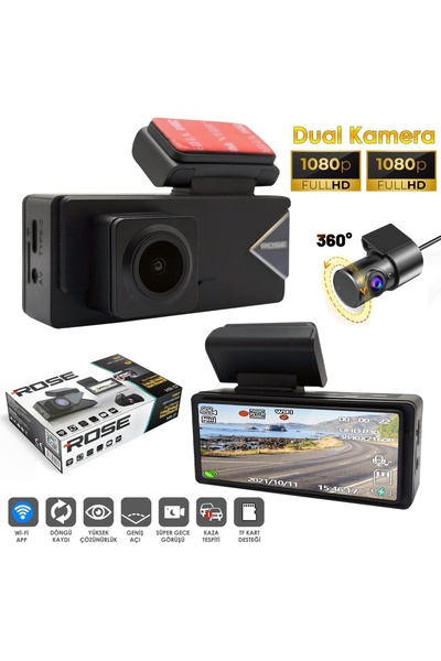 Poke Wifi Araç İçi 2 Kamera DVR Led Ekran Gece Renkli Sesli 1080P+1080P Rose ...