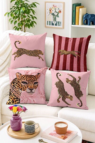 Home Leopar Figürlü 4’lü Kırlent Kılıfı Seti - Pembe Bordo Dekoratif Yastık K...