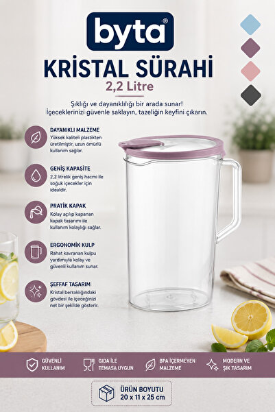 BYTA 2,2 L Kristal Sürahi Kapaklı Şeffaf Plastik Su Sürahisi Buzdolabı Uyumlu...