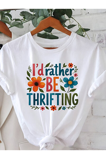 2mcup تي شيرت نسائي، مطبوع عليه شعار "I'D Rather BE THRIFTING" بنمط زهور عتيق...
