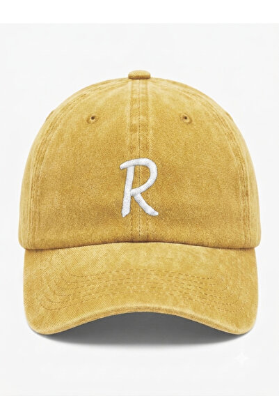 ŞapkaMania Yellow Embroidered Washable Vintage Unisex Hat with Letter R