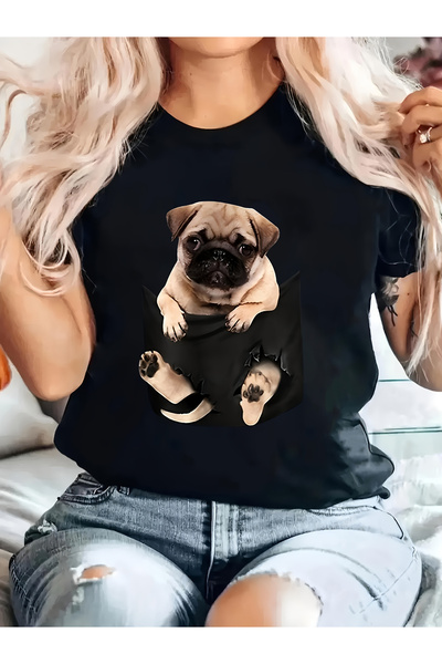 STITCHLY تي شيرت نسائي لطيف بتصميم كلب يحمل حقيبة سوداء - قميص ناعم بأكمام قص...