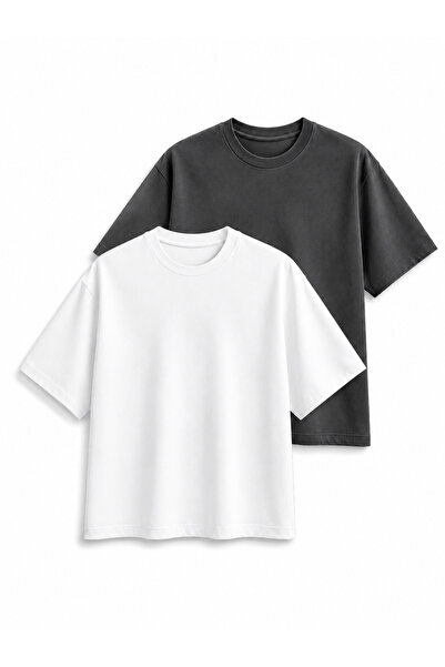 JULİA MODA 2-Piece Men's T-Shirt Plain White+Smoked