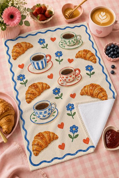 milroma Coffee Croissant Green Striped Breakfast Kitchen Patterned Modern Retro 2-Piece Kitchen Towel Set 35X55