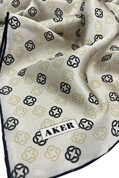 Aker Sura Silk Patterned Scarf 9128701 Monogram 312-Chickpea Beige-Black