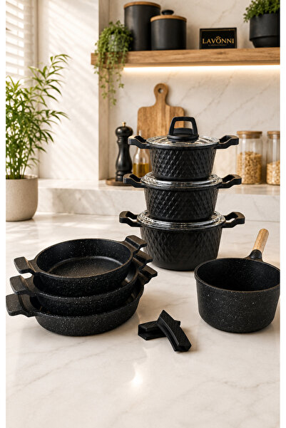 LAVONNI Obsidyen Comfort Set 10 Piece Cast Granite Cookware Set with Pots and...