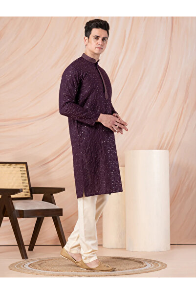 Devoiler Mens Thread & Sequins Work Cotton Kurta Set