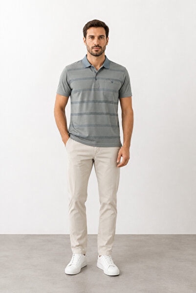 bihan store Polo Collar Pocketed Striped Pattern T-Shirt Herman 3049-Blue