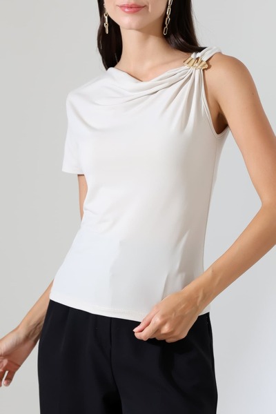 Sabr Asymmetrical Collar Sandy Blouse with Metal Accessories