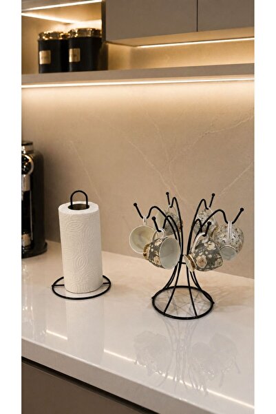 Edora Home Set of 2 Black 6-Hook Cup Hangers, Upright Paper Towel Holder Kitc...