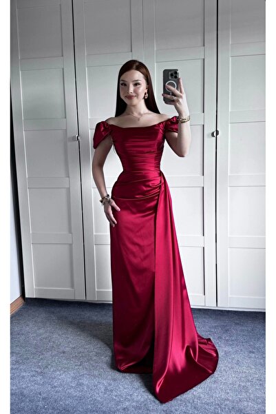 ayşenur Dinçer butik Balon Kol Saten Abiye Bordo