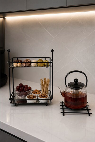 Edora Home Set of 2 Black Two-Tier Serving Dishes, Nihale Kitchen Set