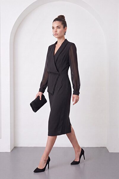 Lafaba Women's Black Chiffon Sleeve Stone Detail Midi Event Dress
