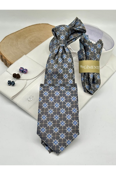 Gutiero Classic Necktie with Gray Patterned Handkerchief