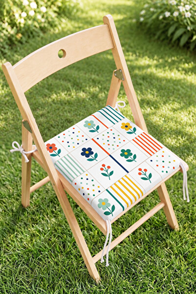 Home Renkli Çiçek ve Çizgili Patchwork Desenli Fermuarlı Sandalye Minderi - D...