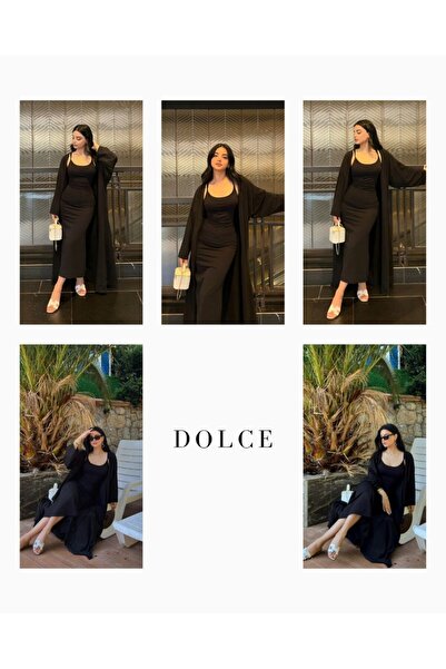 femmes fraiches Dolce Siyah Askılı Elbise Set