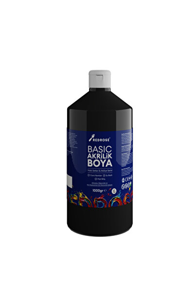 Red Rose Siyah Basic Akrilik Boya 1000gr, Dekoratif Hobi Amaçlı Sanatsal Canl...