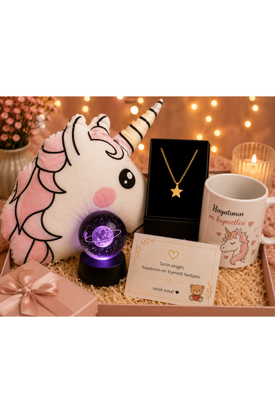 Minik Esnaf Unicorn Hediye Seti | Unicorn Peluş Yastık, 3D Satürn Kristal Kür...
