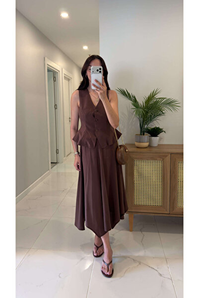 BİRCANÇİL Jales Brown Vest Skirt Set