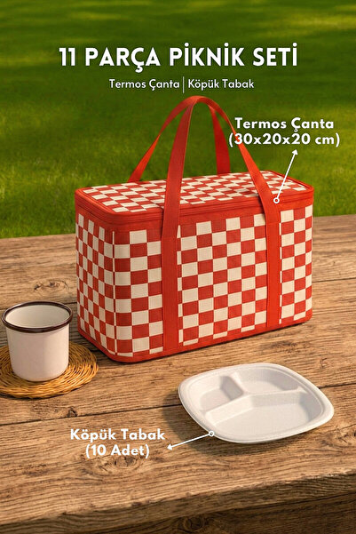 Bimotif 11 Parça Piknik Seti, Termos Çanta ve 10 adet Köpük Tabak (Kamp, Pikn...