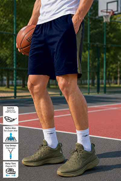 BESSA Navy Blue Men's Shorts with Zipper Pockets, Lightweight Fabric, Sporty ...