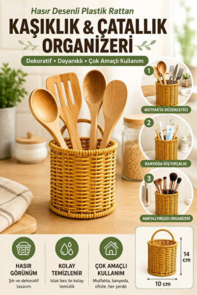 Hane Dostu Hasır Desenli Plastik Rattan Kaşıklık Çatallık Askılı Mutfak Organ...