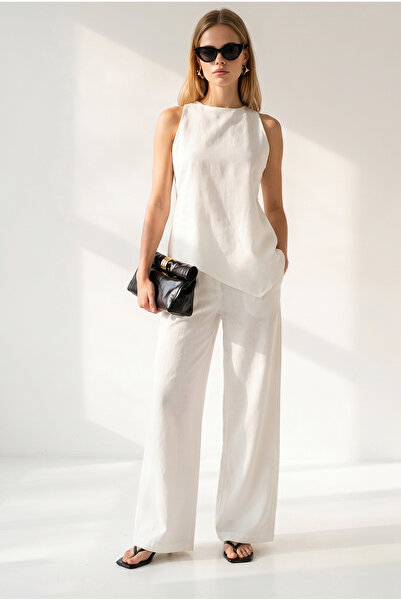 Olalook Women's White Asymmetrical Blouse Trousers Linen Set Tkm-19000513