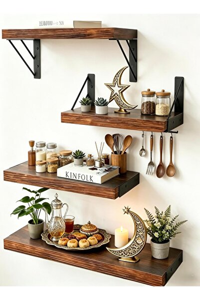 Pomefar 4PCS Wood Floating Wall Shelves, Wall Mounted Storage Shelves with Br...