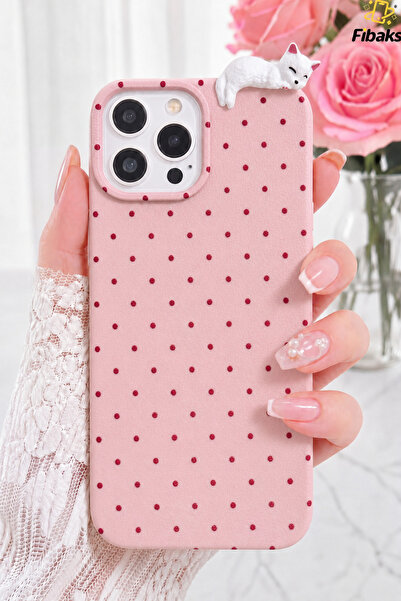 Fibaks iPhone 14 Pro Max Kılıf 3D Kedi Pembe Puantiye Noktalı Figürlü Kamera ...