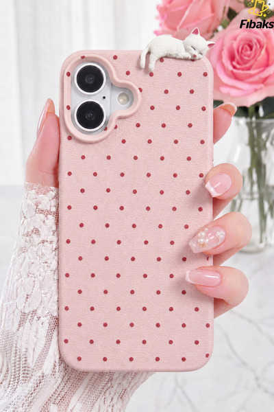 Fibaks iPhone 16 Kılıf 3D Kedi Pembe Puantiye Noktalı Figürlü Kamera Korumalı...