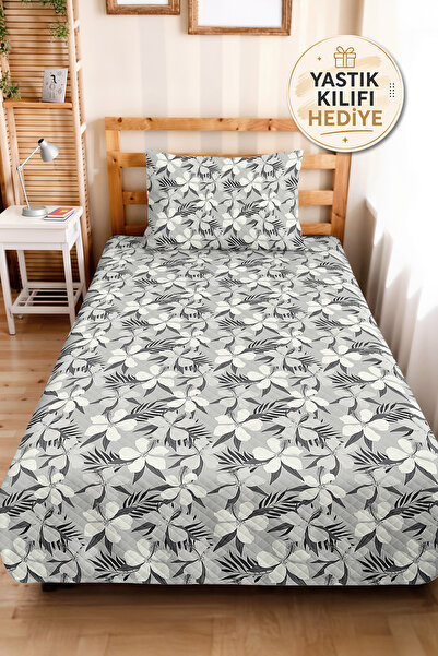 Evimde Bambaşka Floral Grey Μοντέρνο Σετ Πικέ για Μονό Κρεβάτι - Βοτανικό Λευ...