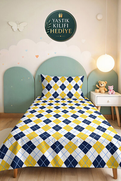Evimde Bambaşka Yellow Navy Blue Plaid Geometric Youth Room Single Pique Set ...