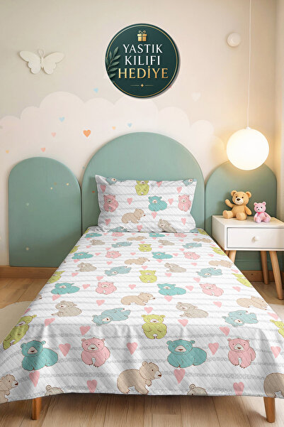 Evimde Bambaşka Hearted Teddy Bear Children's Room Single Pique Set-Mint Pink...