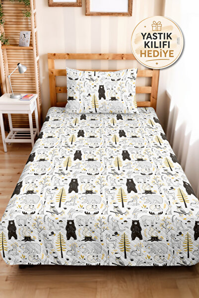 Evimde Bambaşka Forest Animals White Children's Room Single Pique Set-Grey Ye...