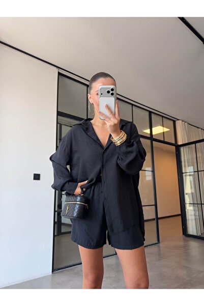 BB Bensu Buyruk Back Lace Detail Bluz Shorts Set Black
